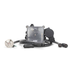 The image shows the OLAS N2K safety device for boaters including the main unit, connection cables, a stainless steel control switch, and engine connection lead.